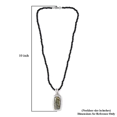 Karis Malagasy Labradorite 92.75 ctw Pendant with Black Quartzite Beaded Necklace in Platinum Bond 20 Inches