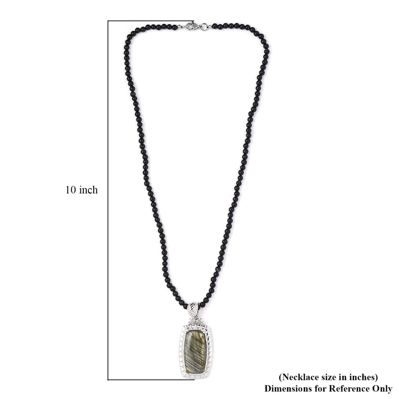 Karis Malagasy Labradorite 92.75 ctw Pendant with Black Quartzite Beaded Necklace in Platinum Bond 20 Inches