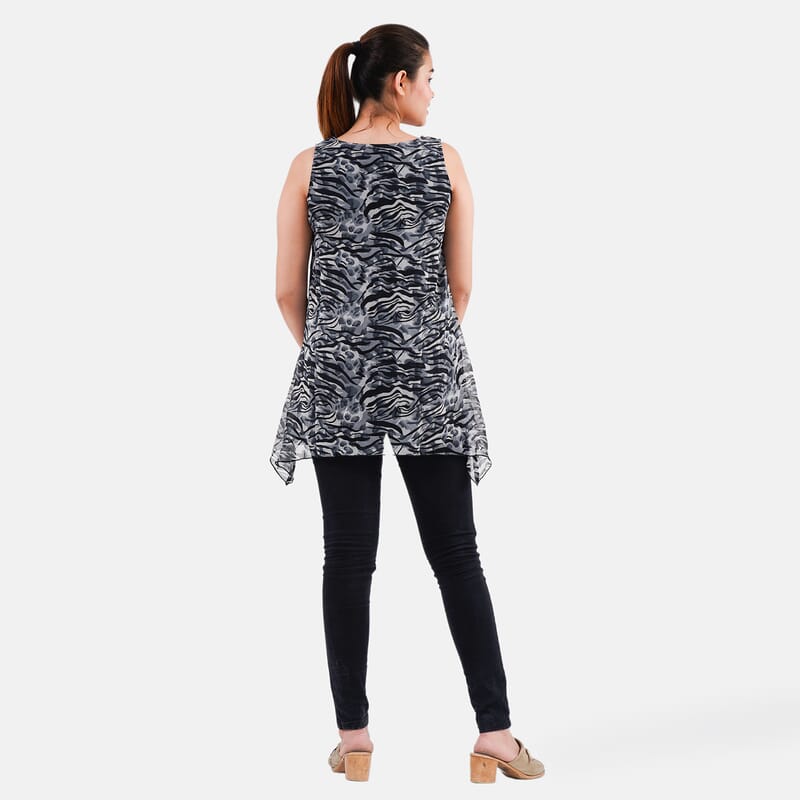 Tamsy Black Animal Print Chiffon Screen Printed Top - S