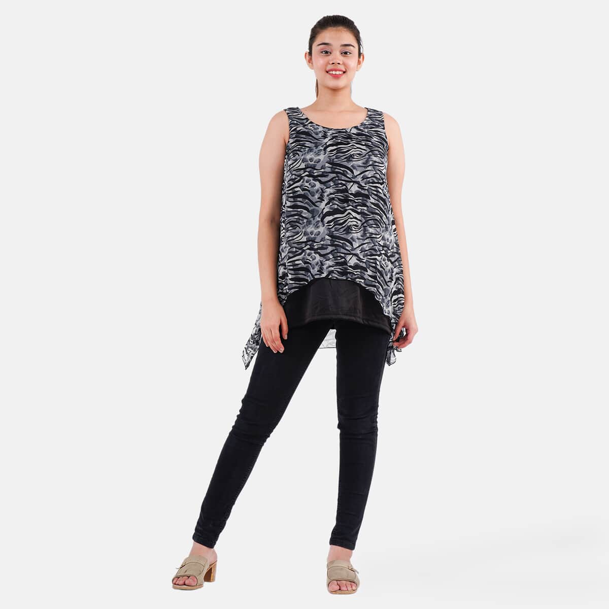 Tamsy Black Animal Print Chiffon Screen Printed Top - 2X image number 0