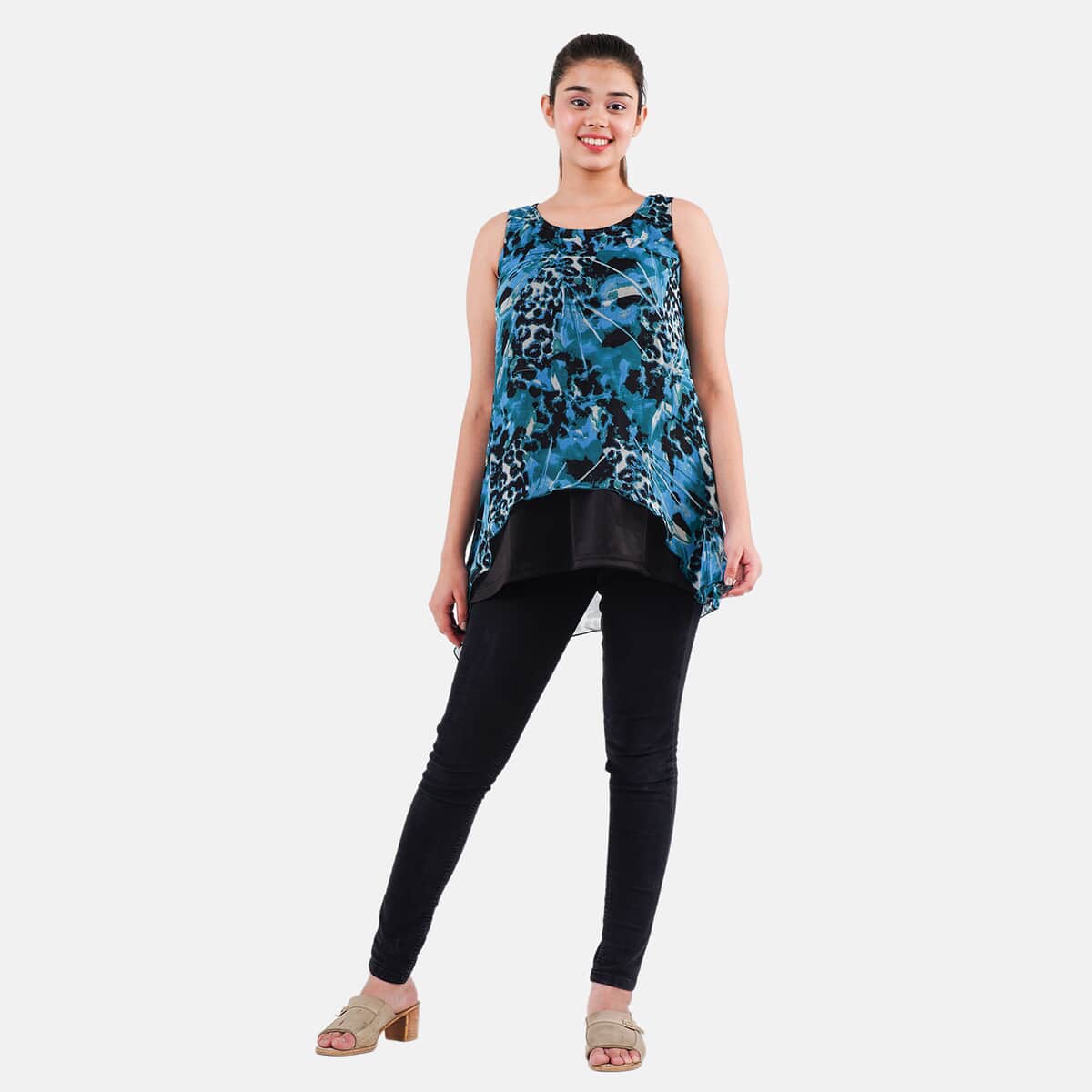 Tamsy Blue Animal Print Chiffon Screen Printed Top - L image number 0