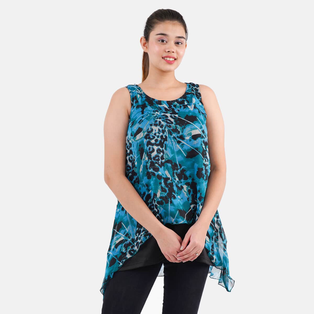 Tamsy Blue Animal Print Chiffon Screen Printed Top - L image number 2