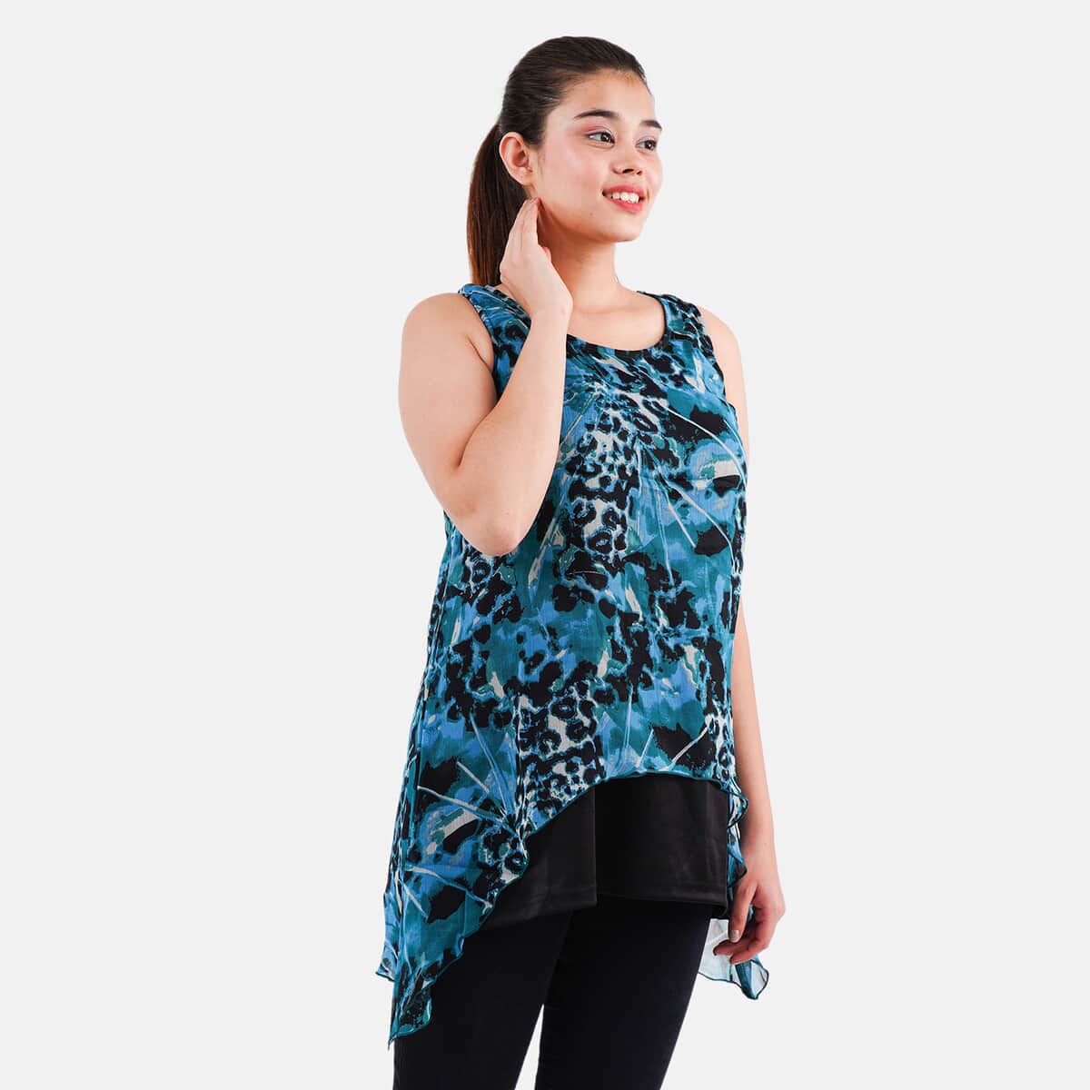 Tamsy Blue Animal Print Chiffon Screen Printed Top - L image number 3