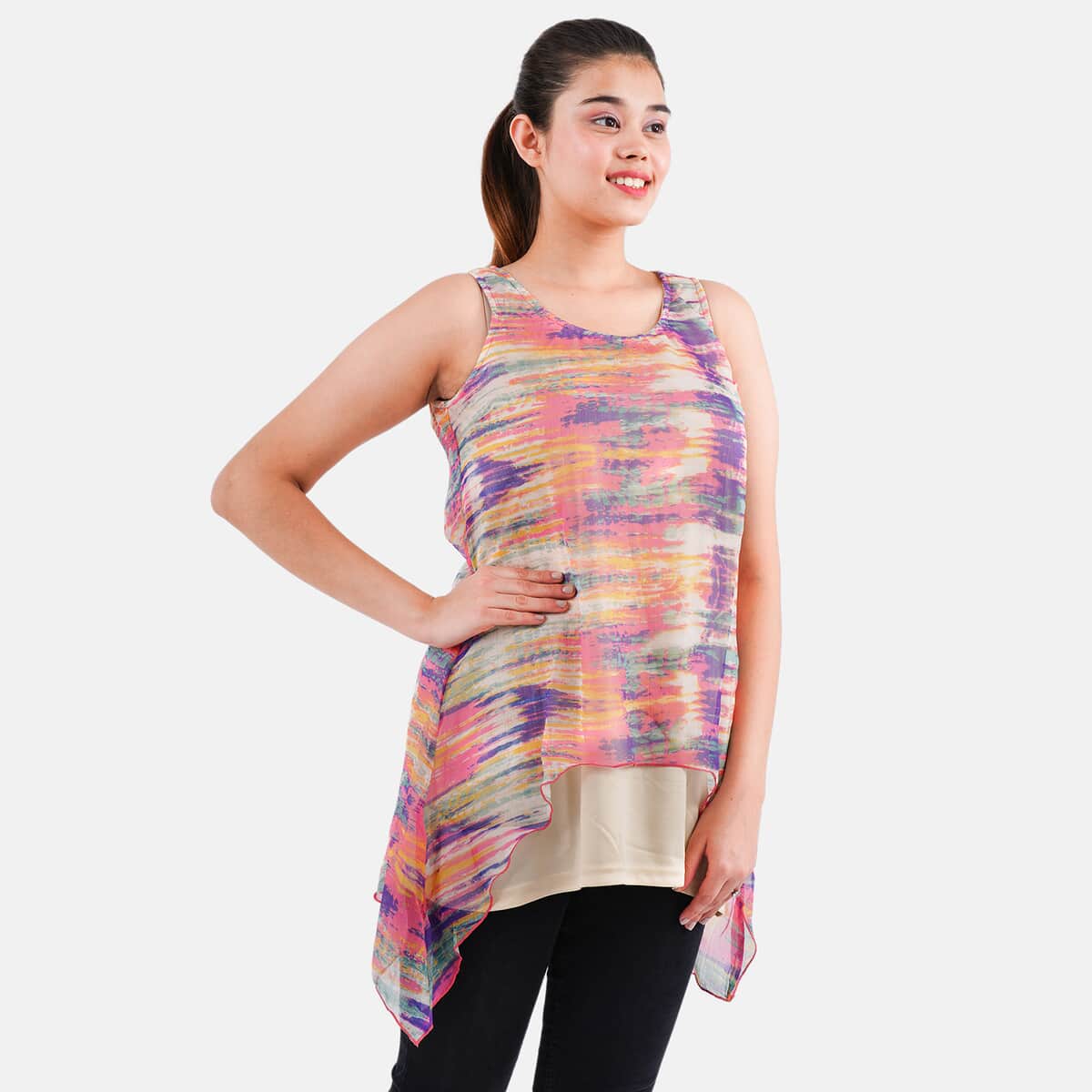 Tamsy Multi Abstract Chiffon Screen Printed Top - L image number 3