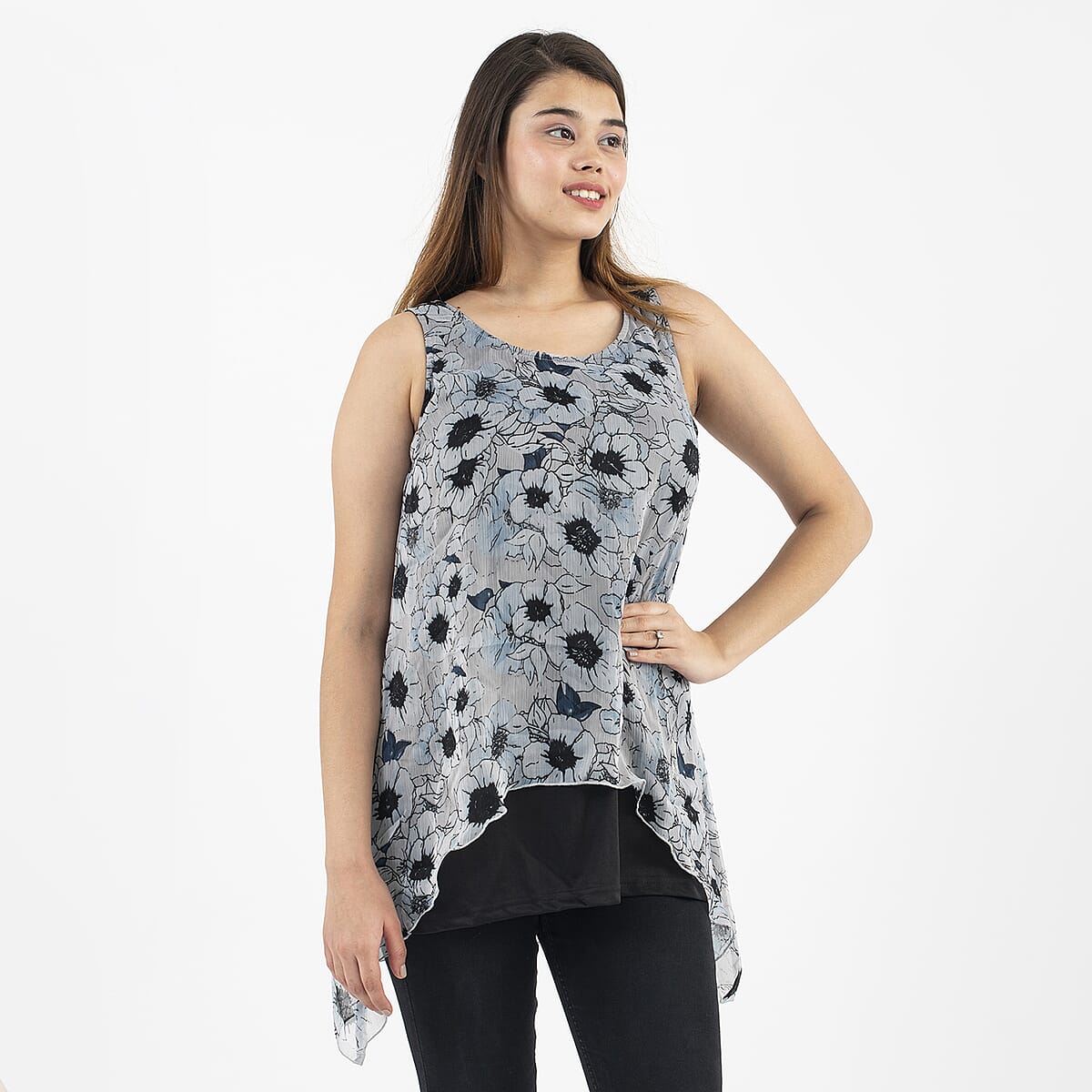 Tamsy Gray Floral Chiffon Screen Printed Top - XL image number 3
