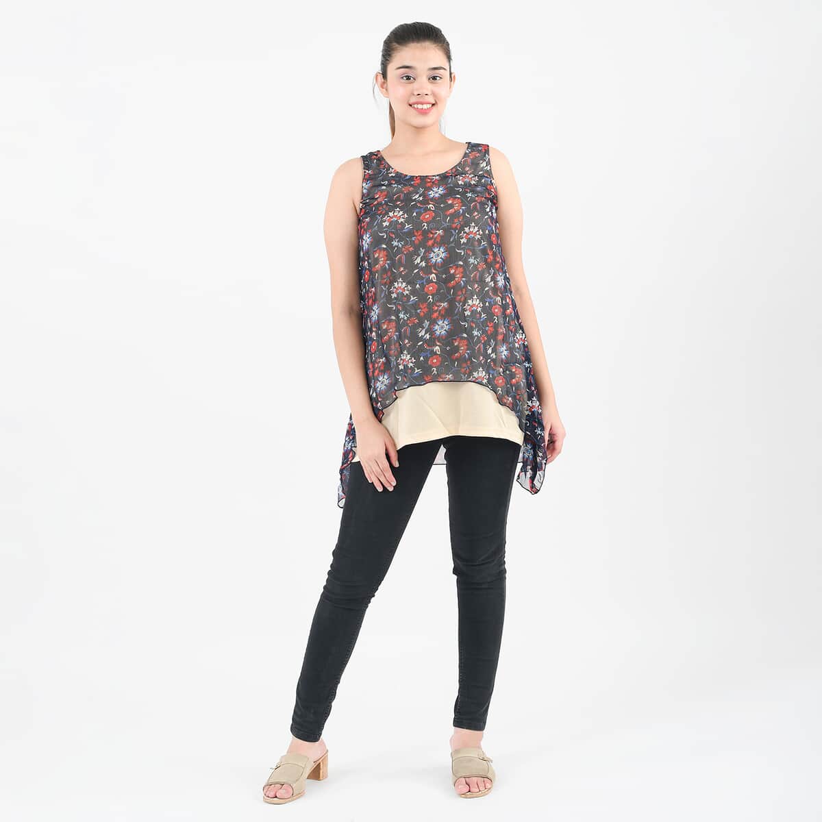 Tamsy Navy Floral Chiffon Screen Printed Top - XL image number 0