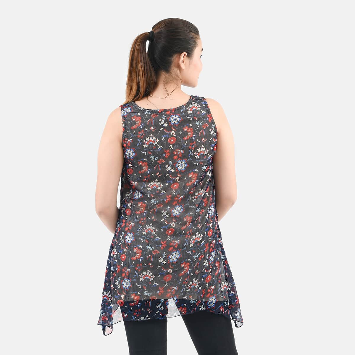 Tamsy Navy Floral Chiffon Screen Printed Top - XL image number 1