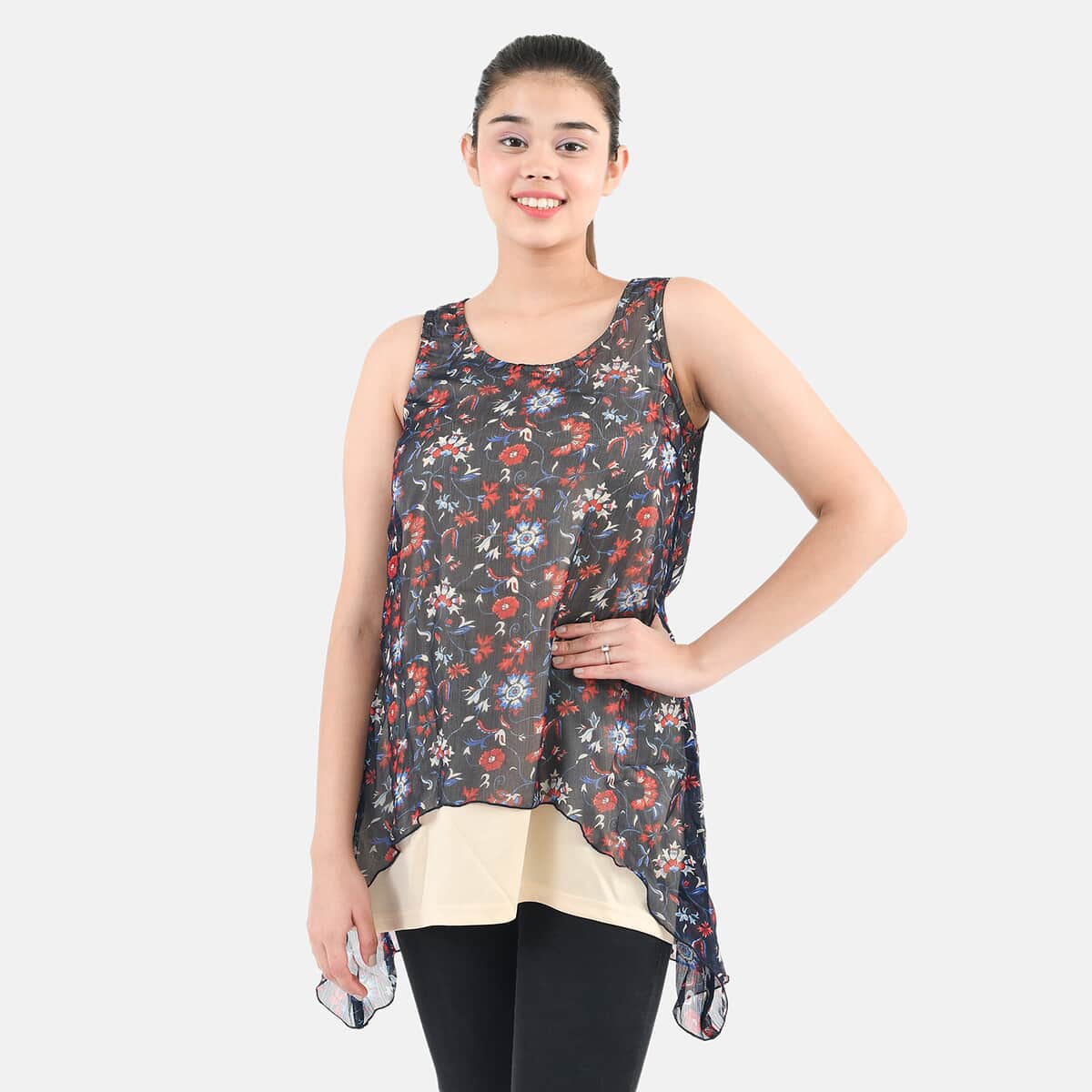 Tamsy Navy Floral Chiffon Screen Printed Top - XL image number 2