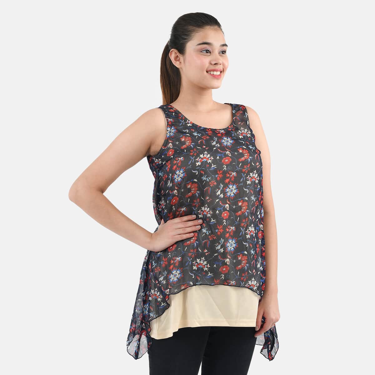 Tamsy Navy Floral Chiffon Screen Printed Top - XL image number 3