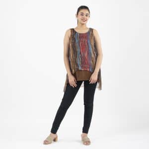 Tamsy Brown Abstract Chiffon Screen Printed Top - L