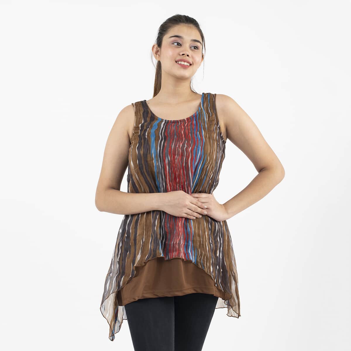 Tamsy Brown Abstract Chiffon Screen Printed Top - L image number 2