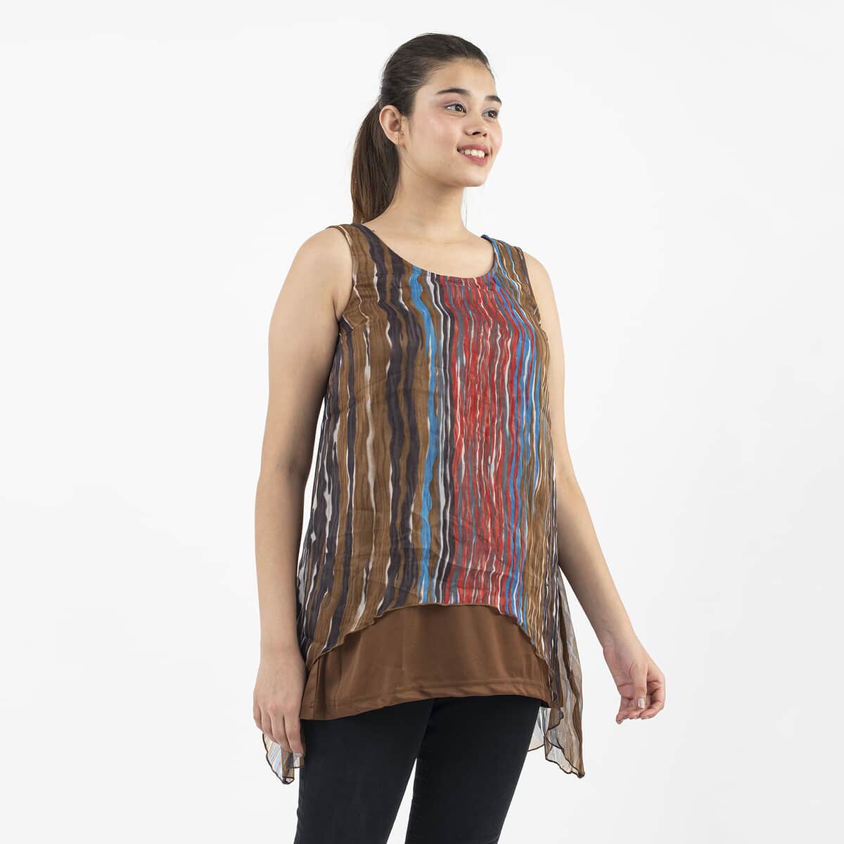 Tamsy Brown Abstract Chiffon Screen Printed Top - L image number 3