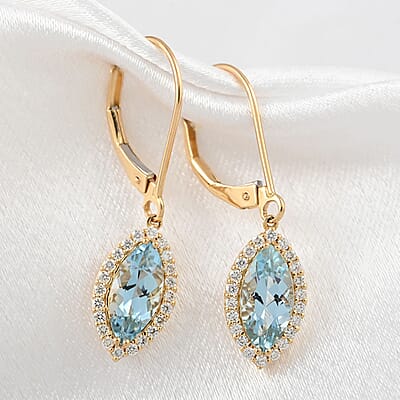 Certified and Appraised  Iliana 18K Yellow Gold AAA Santa Maria Aquamarine and G-H SI Diamond Lever Back Earrings 2.15 ctw