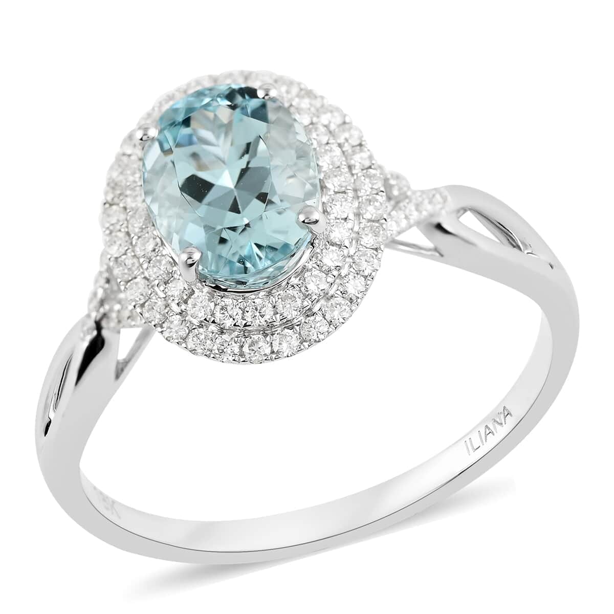 Certified & Appraised ILIANA 18K White Gold AAA Santa Maria Aquamarine and G-H SI Diamond Double Halo Ring 3.80 Grams 2.20 ctw image number 0