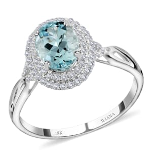 Iliana AAA Santa Maria Aquamarine and G-H SI Diamond 2.20 ctw Double Halo Ring in 18K White Gold (Size 6.0)