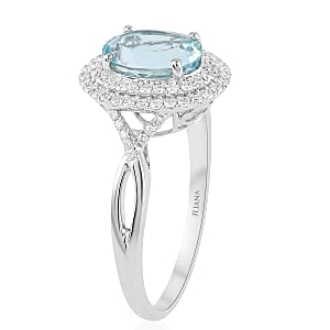 Iliana AAA Santa Maria Aquamarine and G-H SI Diamond 2.20 ctw Double Halo Ring in 18K White Gold (Size 7.0)