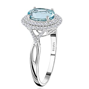 Iliana AAA Santa Maria Aquamarine and G-H SI Diamond 2.20 ctw Double Halo Ring in 18K White Gold (Size 8.0)