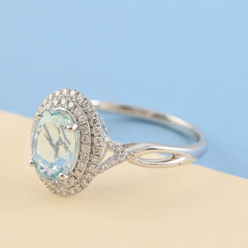 Iliana AAA Santa Maria Aquamarine and G-H SI Diamond 2.20 ctw Double Halo Ring in 18K White Gold (Size 9.0)
