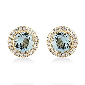 Certified Iliana 18K Yellow Gold AAA Santa Maria Aquamarine and G-H SI Diamond Halo Stud Earrings 1.90 ctw