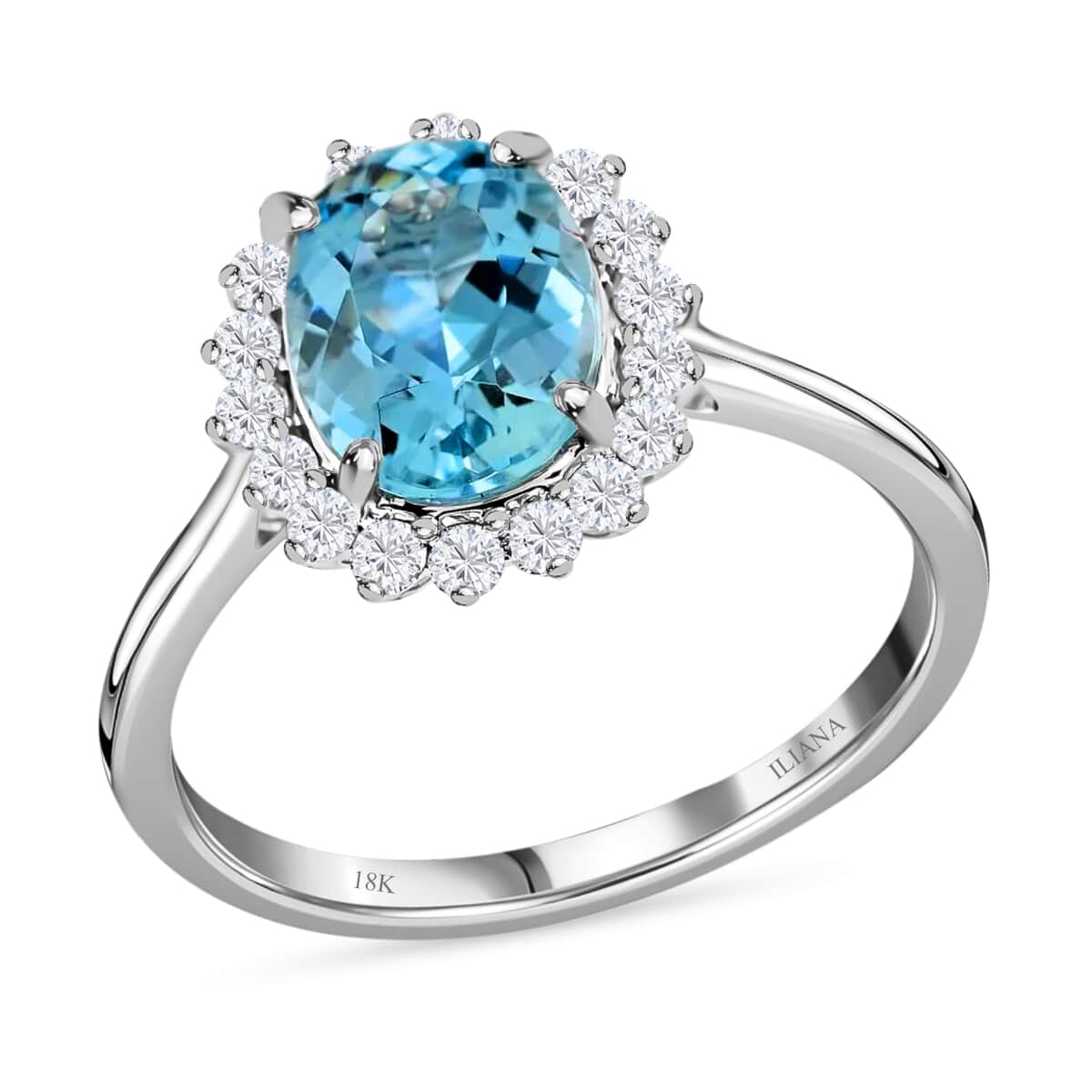 Certified & Appraised ILIANA 18K White Gold AAA Santa Maria Aquamarine and G-H SI Diamond Halo Ring 2.50 Grams 2.10 ctw image number 0
