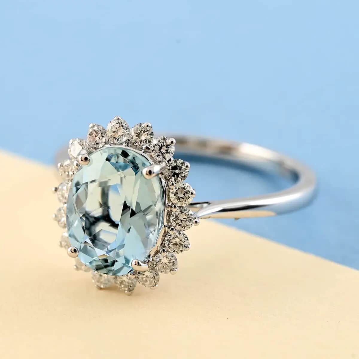 Certified & Appraised ILIANA 18K White Gold AAA Santa Maria Aquamarine and G-H SI Diamond Halo Ring 2.50 Grams 2.10 ctw image number 1