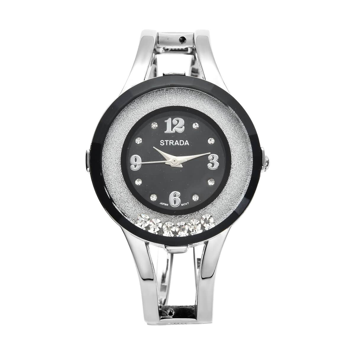 Strada Moving Austrian Crystal Japanese Movement Black Dial Watch with Silvertone Strap (32.51 mm) (up to 6.50 Inches) image number 0