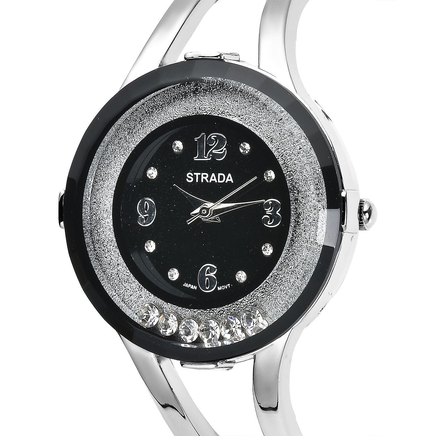 Strada Moving Austrian Crystal Japanese Movement Black Dial Watch with Silvertone Strap (32.51 mm) (up to 6.50 Inches)