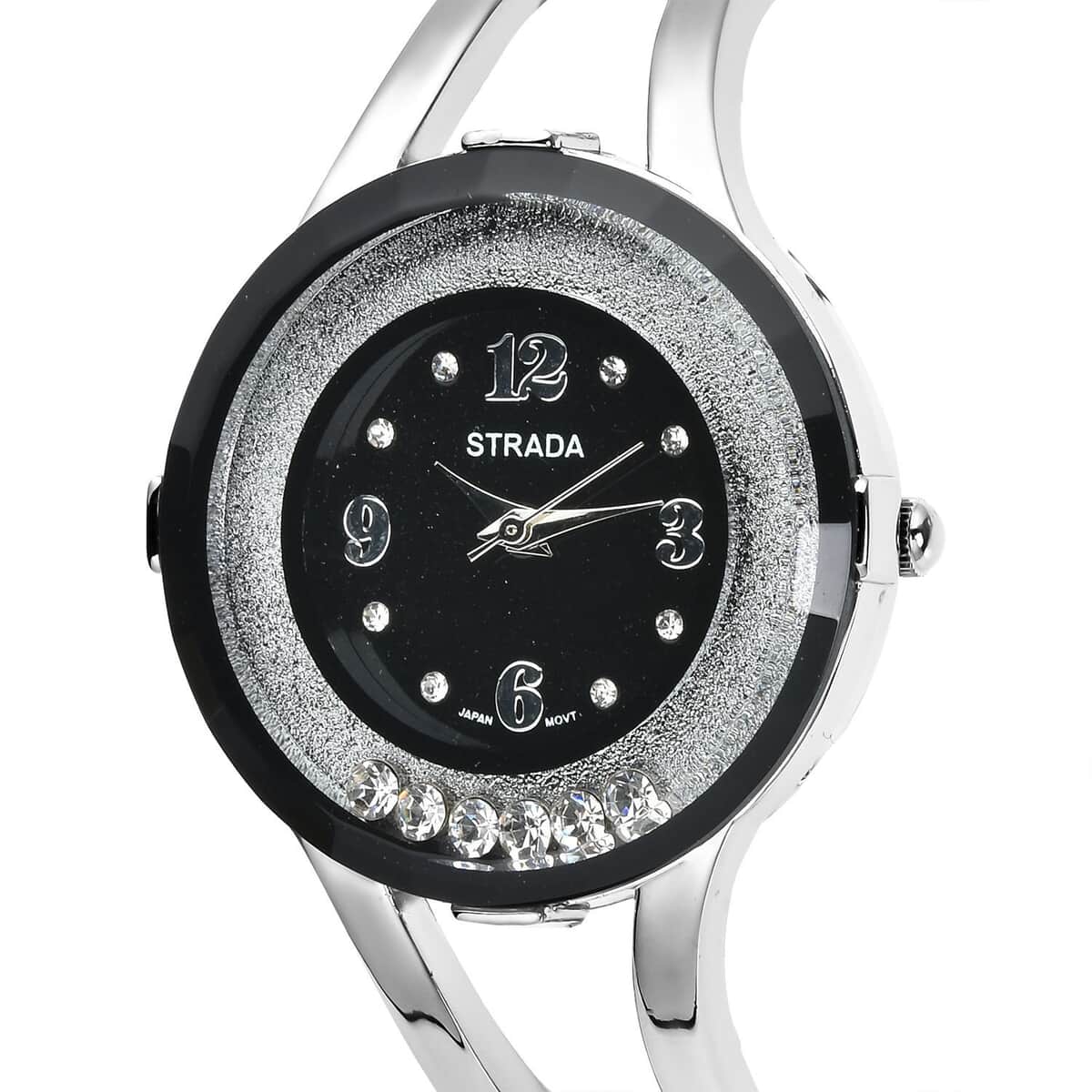 Strada Moving Austrian Crystal Japanese Movement Black Dial Watch with Silvertone Strap (32.51 mm) (up to 6.50 Inches) image number 3