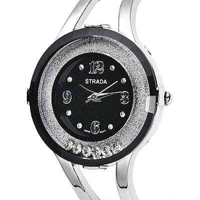 Strada Moving Austrian Crystal Japanese Movement Black Dial Watch with Silvertone Strap (32.51 mm) (up to 6.50 Inches)