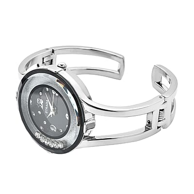 Strada Moving Austrian Crystal Japanese Movement Black Dial Watch with Silvertone Strap (32.51 mm) (up to 6.50 Inches)