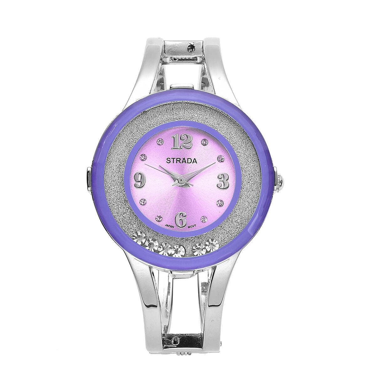 Strada Moving Austrian Crystal Japanese Movement Purple Dial Watch with Silvertone Strap (32.51 mm) (up to 6.50 Inches) image number 0