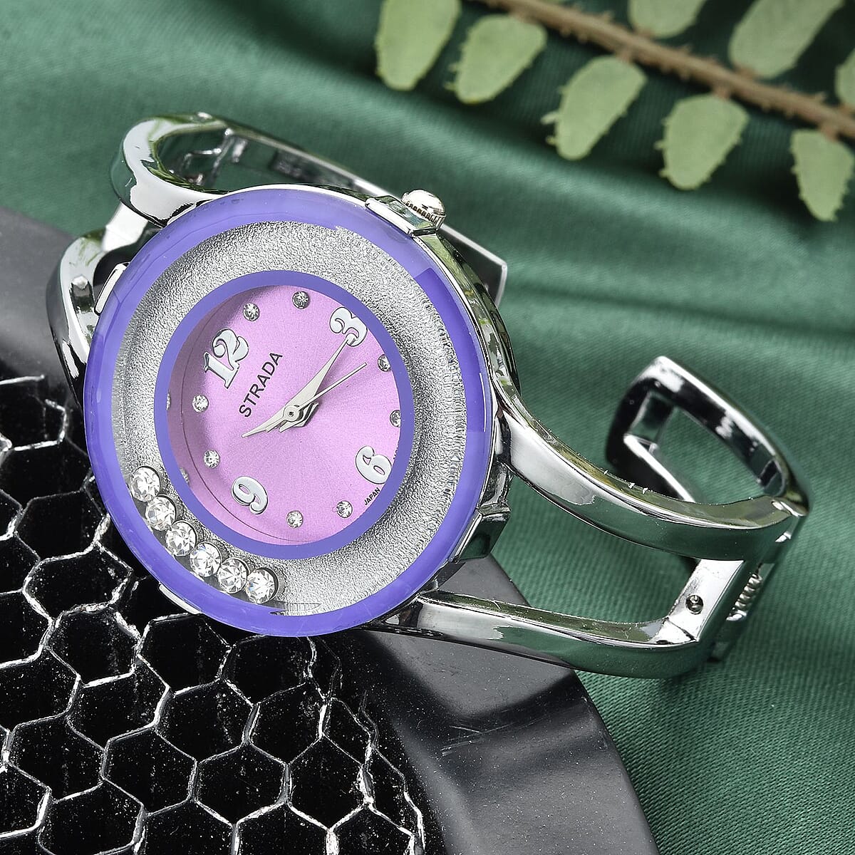 Strada Moving Austrian Crystal Japanese Movement Purple Dial Watch with Silvertone Strap (32.51 mm) (up to 6.50 Inches) image number 1
