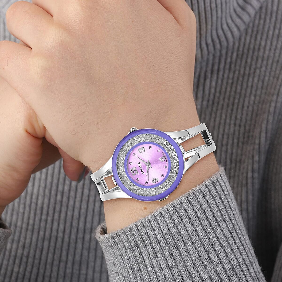 Strada Moving Austrian Crystal Japanese Movement Purple Dial Watch with Silvertone Strap (32.51 mm) (up to 6.50 Inches) image number 2