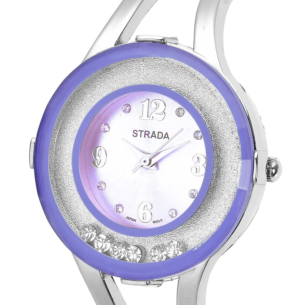 Strada Moving Austrian Crystal Japanese Movement Purple Dial Watch with Silvertone Strap (32.51 mm) (up to 6.50 Inches) image number 3