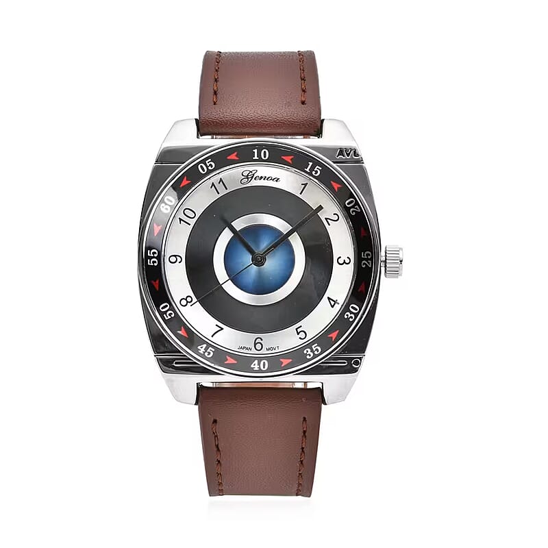 Genoa Miyota Japanese Movement Rotating Bezel Watch with Brown Genuine Leather Strap (39.80mm) (7.0-8.5 Inch)