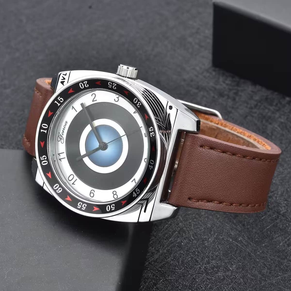 Genoa Miyota Japanese Movement Rotating Bezel Watch with Brown Genuine Leather Strap (39.80mm) (7.0-8.5 Inch) image number 1