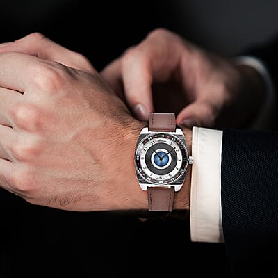 Genoa Miyota Japanese Movement Rotating Bezel Watch with Brown Genuine Leather Strap (39.80mm) (7.0-8.5 Inch)