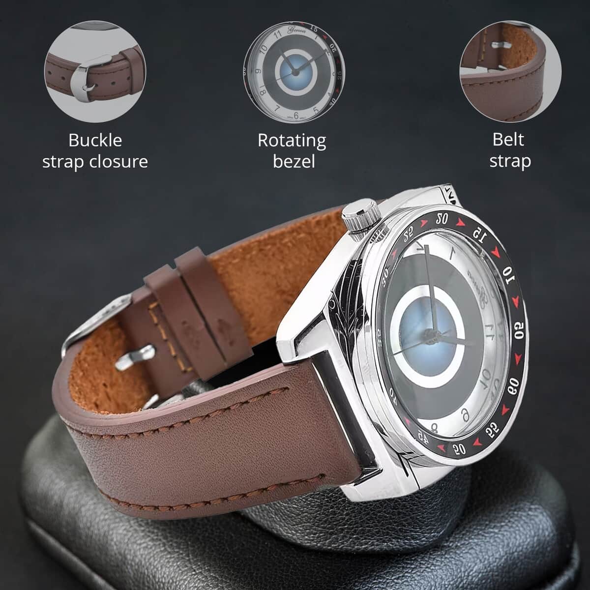 Genoa Miyota Japanese Movement Rotating Bezel Watch with Brown Genuine Leather Strap (39.80mm) (7.0-8.5 Inch) image number 4