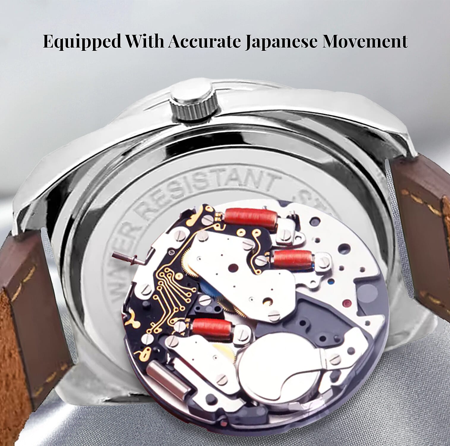 Genoa Miyota Japanese Movement Rotating Bezel Watch with Brown Genuine Leather Strap (39.80mm) (7.0-8.5 Inch)