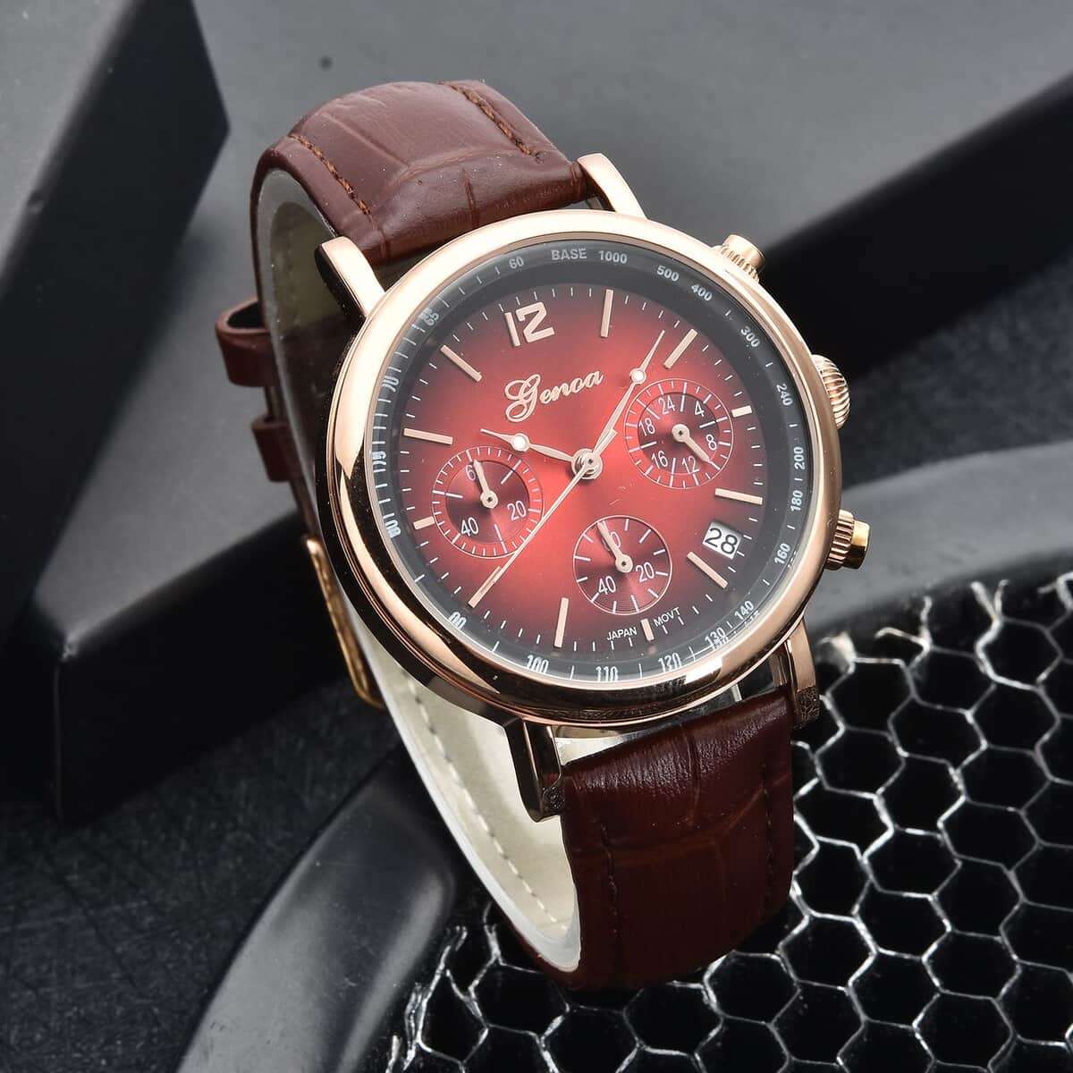 GENOA Japanese Movement Multi Functional Chronographic Dial Watch with Brown Leather Strap (38mm) (7.-8.5Inch) image number 1