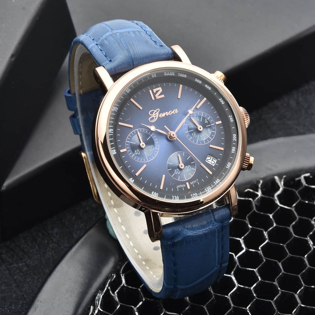 Genoa Japanese Movement Multi Functional Chronographic Dial Watch with Blue Leather Strap (38mm) (7.-8.5Inch) image number 1