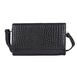 Black Croco Embossed Mobile Case Genuine Leather Crossbody Bag for Women with Detachable Shoulder Strap , Shoulder Purse , Crossbody Handbags , Designer Crossbody , Leather Handbags