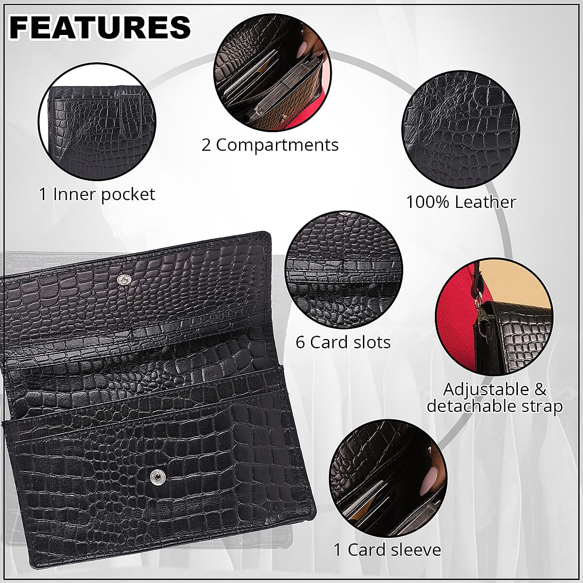 Black Croco Embossed Mobile Case Genuine Leather Crossbody Bag for Women with Detachable Shoulder Strap , Shoulder Purse , Crossbody Handbags , Designer Crossbody , Leather Handbags image number 3