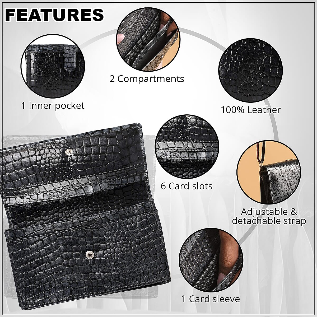 Gray Croco Embossed Mobile Case Genuine Leather Crossbody Bag for Women with Detachable Shoulder Strap , Shoulder Purse , Crossbody Handbags , Designer Crossbody , Leather Handbags image number 3