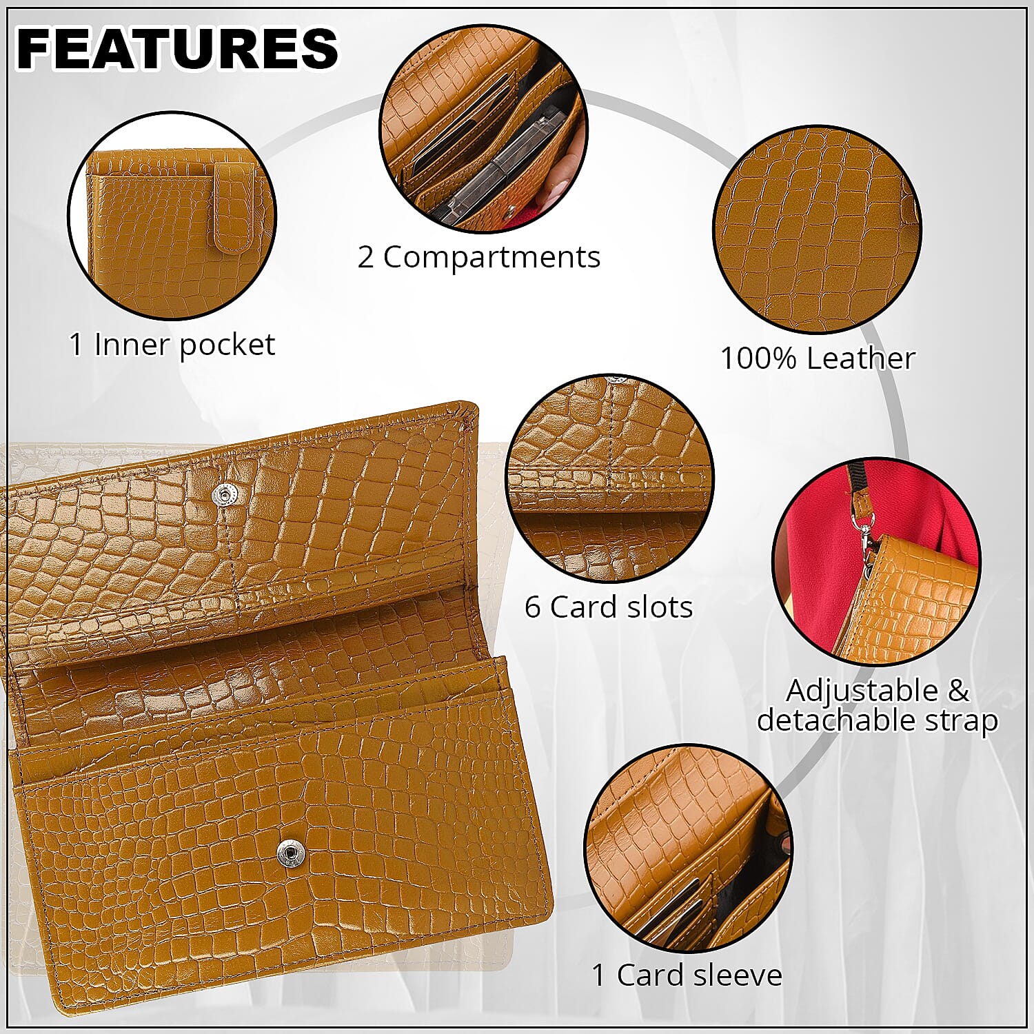"Croco Embossed Genuine Leather Mobile Phone Wallet Size: 7.4(L)x1(W)x4.5(H) Inches Color: Turquoise"