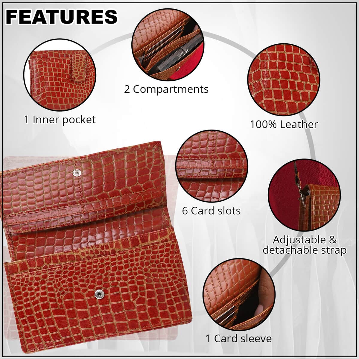Red Croco Embossed Mobile Case Genuine Leather Crossbody Bag for Women with Detachable Shoulder Strap , Shoulder Purse , Crossbody Handbags , Designer Crossbody , Leather Handbags image number 3