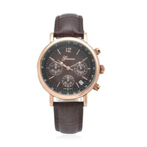 Genoa Japanese Movement Multi Functional Chronographic Dial Watch with Dark Brown Leather Strap (38mm) (7.-8.5Inch)