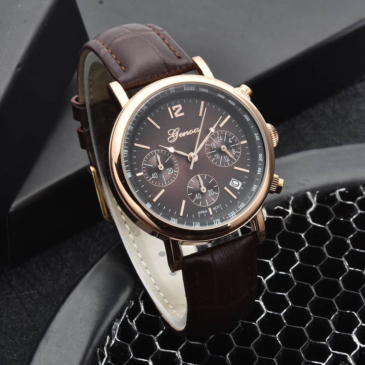 Genoa Japanese Movement Multi Functional Chronographic Dial Watch with Dark Brown Leather Strap (38mm) (7.-8.5Inch) image number 1