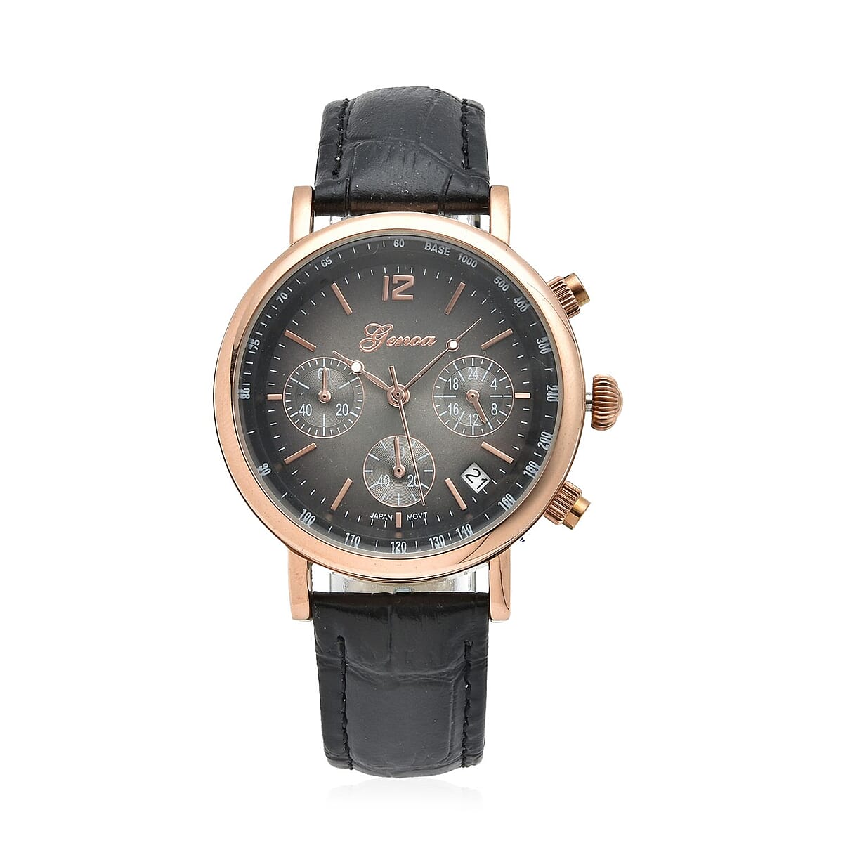 Genoa Japanese Movement Multi Functional Chronographic Dial Watch with Black Leather Strap (38mm) (7.-8.5Inch) image number 0