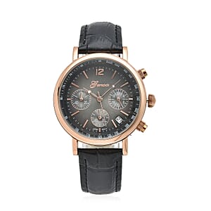Genoa Japanese Movement Multi Functional Chronographic Dial Watch with Black Leather Strap (38mm) (7.-8.5Inch)